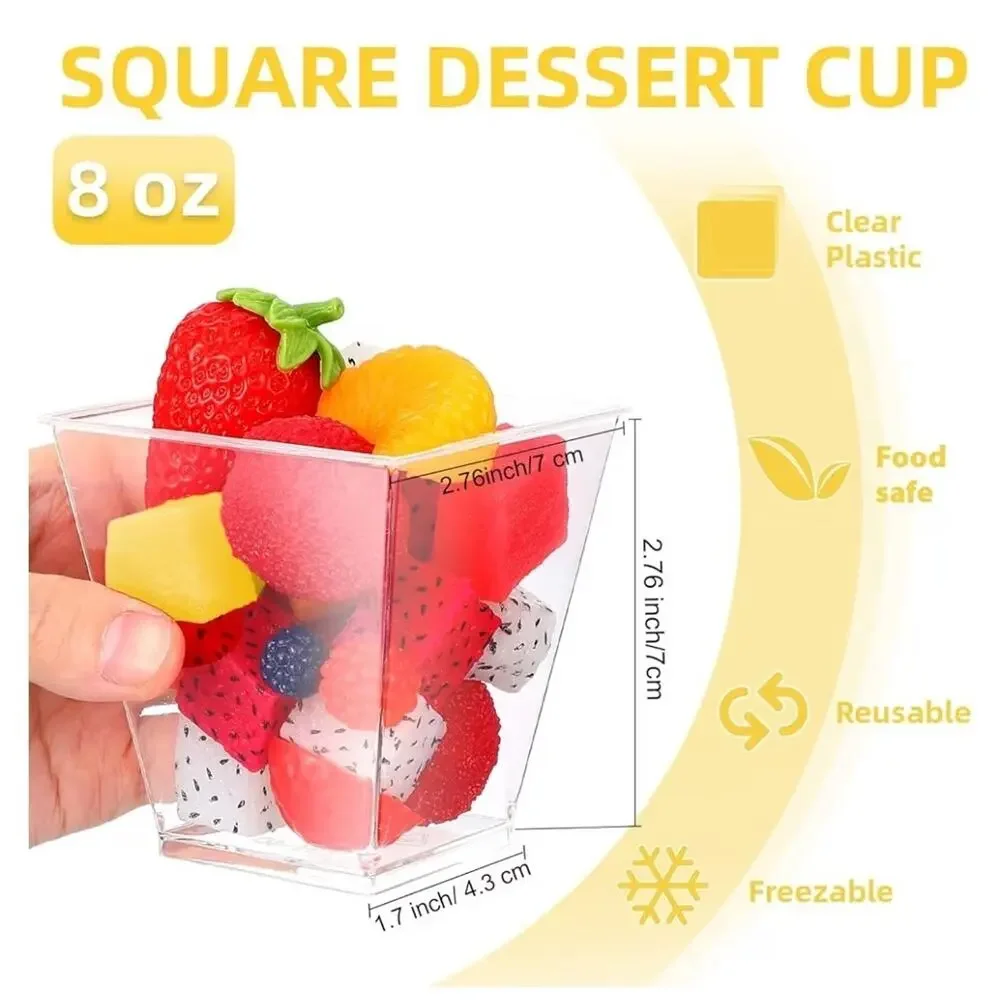 100 Pack 8 Oz Square Plastic Cups, Appetizer Dessert Clear Plastic, Disposable